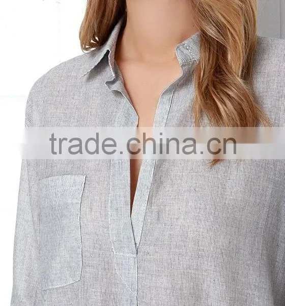 Loose Short Sleeve With Pocket Striped Design Lady Blouse photo-6
