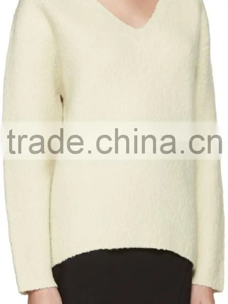 Custom Made Long Sleeve Wool Blend Boucle Pullover Sweater in Off White for Women photo-2