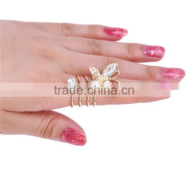 Gold&Silver-plated Alloy Rhinestone Butterfly Knuckle Spiral Rings photo-3