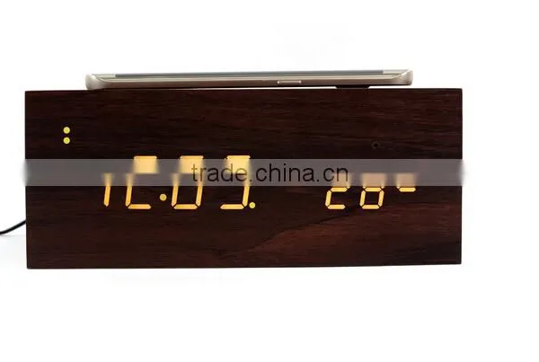 Wireless Charger+Clock+Alarm+Thermometer,New Style Wood Bluetooth Speaker