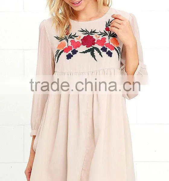 2016 Latest Dress Design 3/4 Sleeves Chiffon Dress With Floral Embroidery Summer Dress photo-2