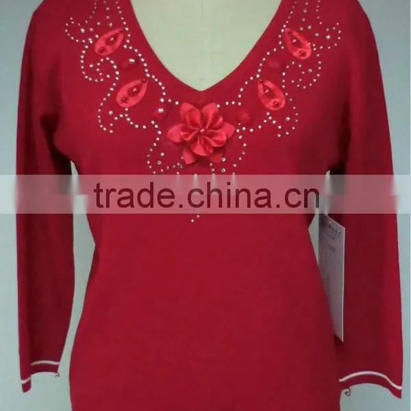 ASM-210181 Ladies V-neck Pullover With Beading and Flowers on Neck