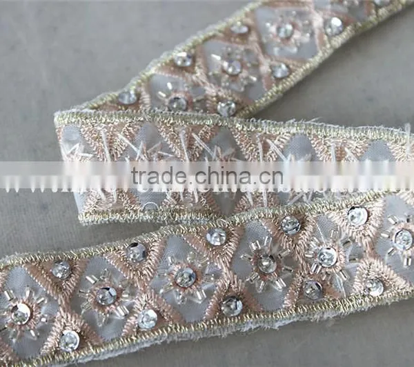 2.5cm Beaded Organza Embroidery Lace Trim With Cup Sequins in Rose Gold photo-4