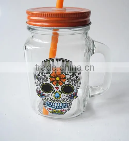 Wholesale Price Skull Head Printing Glass Mason Jar With Handle photo-4