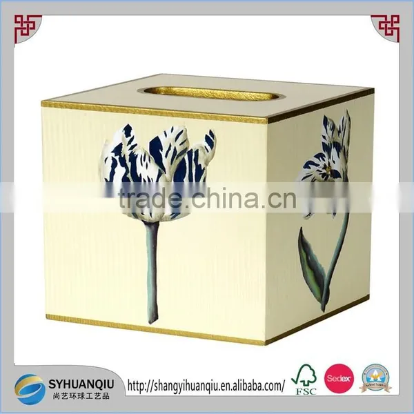 Tissue Box Cover Square Wood Bathroom Accessories Dispenser Wooden Tissure Box Holder Blue Floral CN photo-3