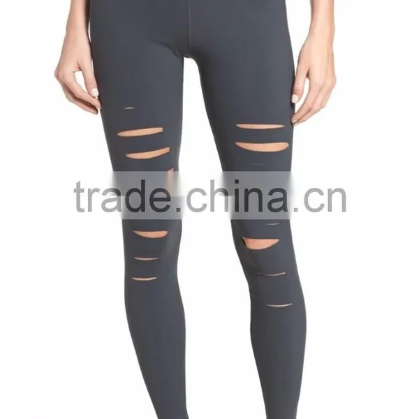 MGOO Custom Design Plain Distressed Yoga Pants Fitted Ripped Airbrush Women Leggings photo-3