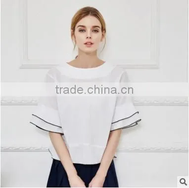 F20042B European Style Lady Solid Color Casual t Shirt Women Loose Chiffon Tops