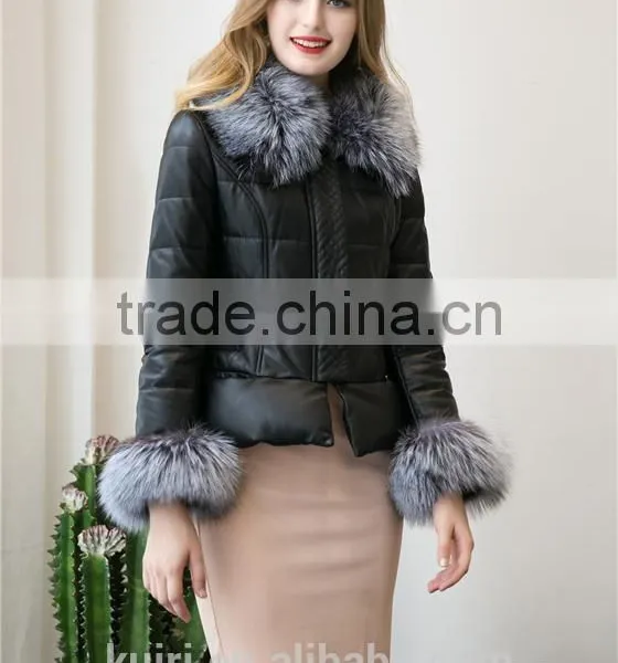 2016 New Women's Winter Fashion Imitation Faux Lether With Soft Faux Fox Fur Long Slim Fit Jacket Coat With Fox Fur Collar photo-3