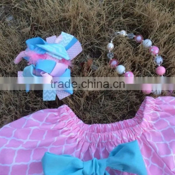2015 New Baby Girls Pink Quatrefoil Bunny Easter Dress With Necklace and Headband Set photo-2