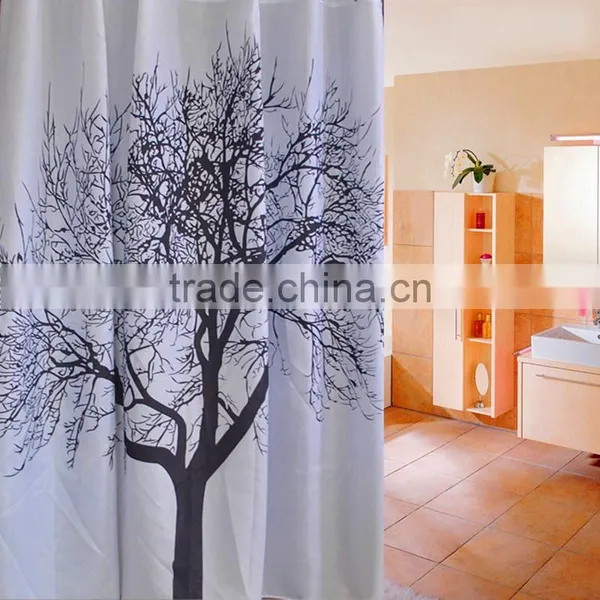 Wholesale Price 180180cm Waterproof Black Scenery Tree Design White Fabric Bathroom Shower Curtain Liner Hooks Polyester photo-6