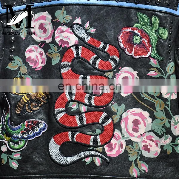 Fashion Printed Real Leather Jacket Cool Girls Leather Jacket Motorcycle photo-6