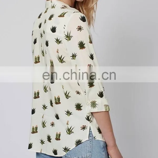 Latest Fashion Blouse Design Long Sleeve Printed Cactus Women Model Simple Design Blouse photo-3