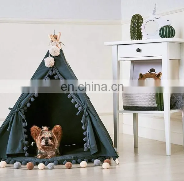 Pet Teepee House Indian Tents Wood Canvas Teepee Fold Away Pet Tent Furniture Cat Bed photo-6