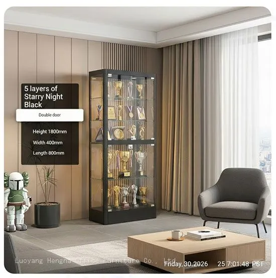 Easy Assembly Modern Display Cabinet | Black 5-Tier Curio Cabinet With Tempered Glass Shelves | for Office Use photo-1