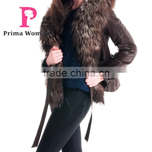 2015 New Style Winter Women Short Leather Coat With Belt Silver Fox Hat Overcoat Quality Choice photo-6