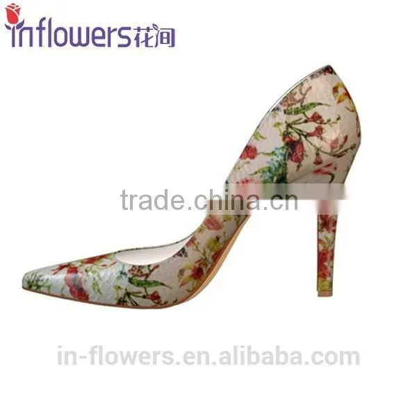 Flower Printed Leather Pointed Toe Ladies Sexy High Heels photo-3