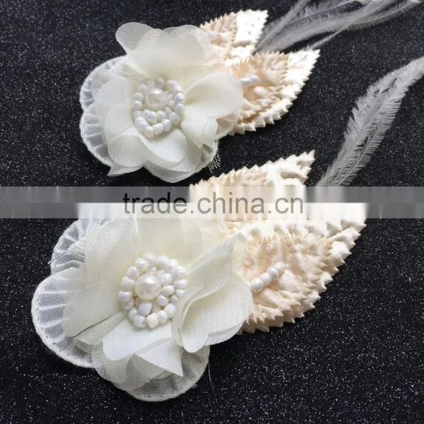 Handmade Fabric Flower Applique With Feather,Flower Patches For Cloth photo-2