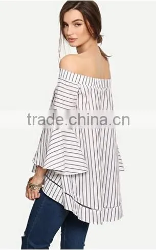 Women's Off The Shoulder Bell Sleeve Striped Blouse photo-3
