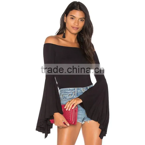 100% Rayon Solid Color Black Bell Sleeve off Shoulder Bardot Top photo-2