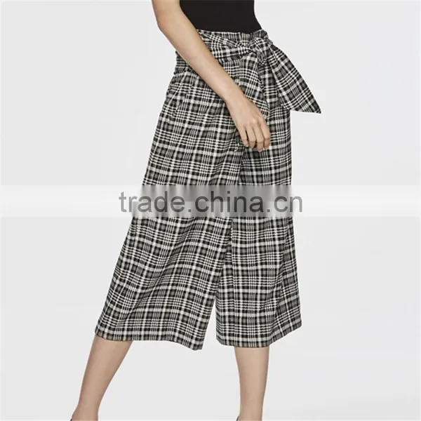 Black and White Patterned Bow Embellished Tartan Culotte Pants Slacks photo-5