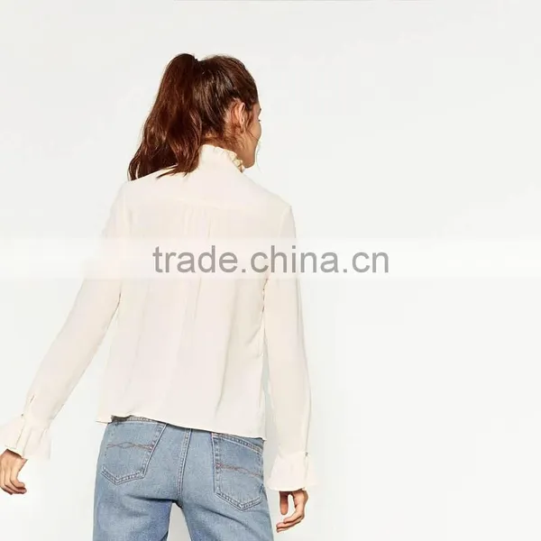 2016 Online Wholesale Latest Simple Design Elegant Lace Inserts High Neck Designs Women's Ruffle Shirt Ladies Top and Blouses photo-3