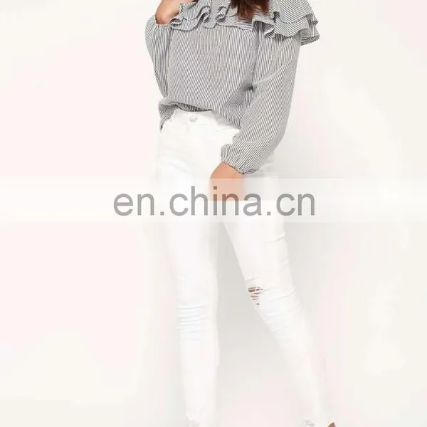OEM Petite Stripe Chiffon Off Shoulder Top, Latest Design Double Layer Frill Top And Blouse photo-4