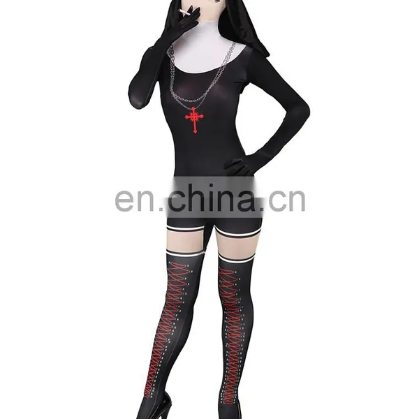 Sexy Black Sister Nun Full Body Spandex Zentai Costume Cosplay Morph Suit For Girl