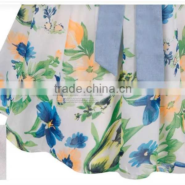 2015 New Arrival European Style Women Dress Summer New Design Denim Printing Floral Chiffon Dress Quality Choice photo-3