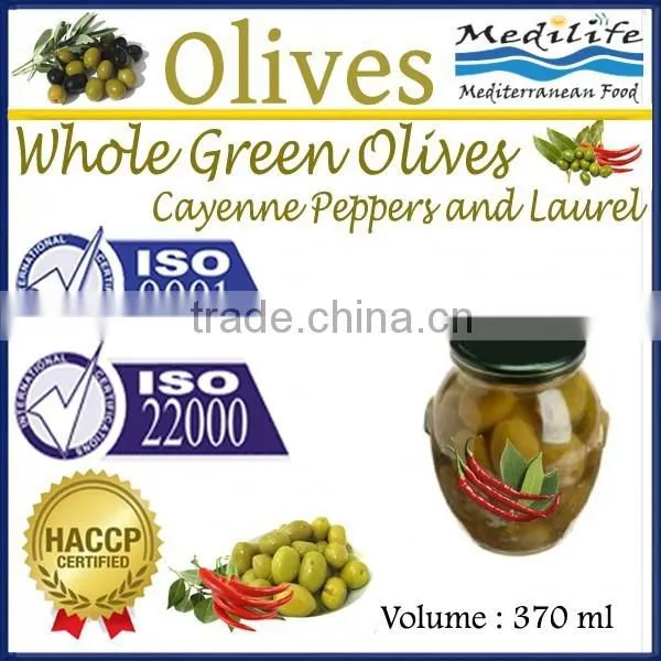 High Quality 100% Tunisian Table Olives,Green Olives With Cayenne Peppers & Laurel,Table Olives 370 ml Glass Jar