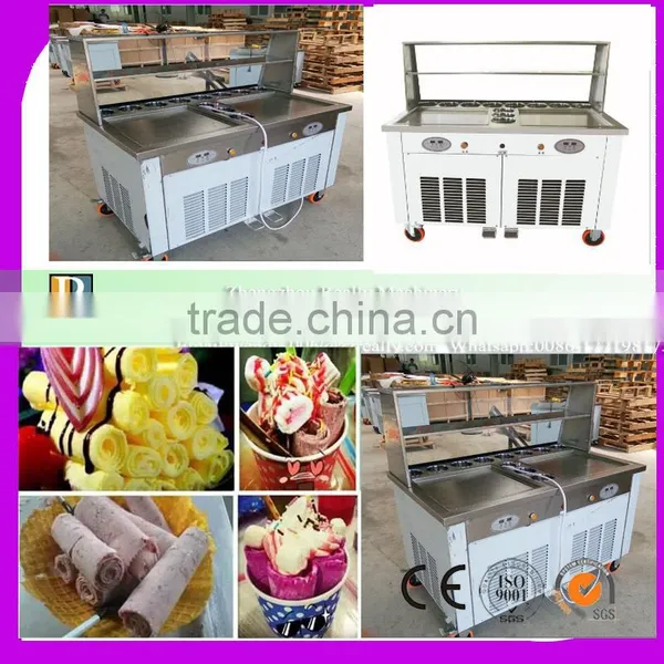 Double pans Flat Pan Fried Ice Cream Roll Machine glass with showcase