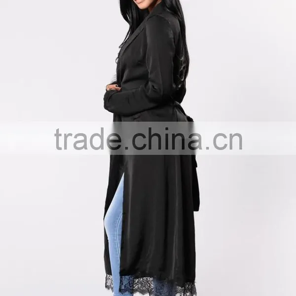 Outwear Casual Cover up Women 100% Polyester Light Weight Mock Pockets Lace Trim Hem Long Sleeve Duster Jacket photo-4