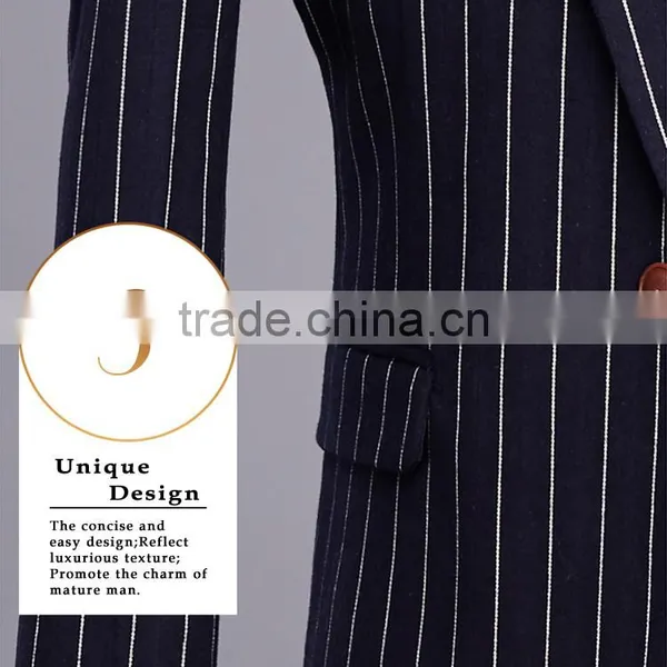 2017 Latest Design 3 Pieces Suits With Long Blazer Waistcoat and Pants Dark Blue Stripe Suite Made in China photo-6