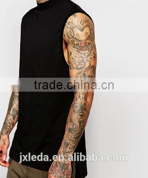 OEM Customize Men Summer Longline Sleeveless Turtle Neck Black Plain T-shirt photo-3
