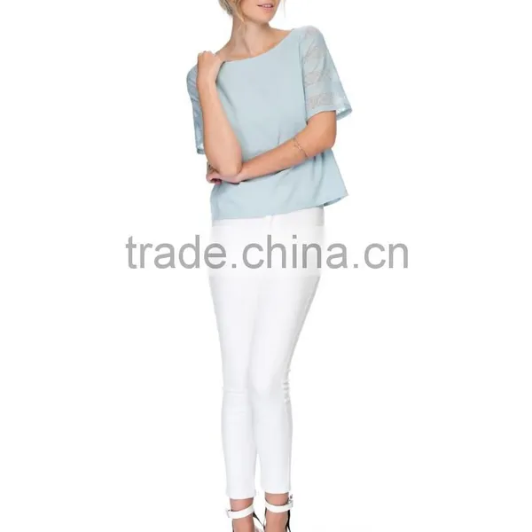 Lace Sleeve Woven Womens Tee Shirts photo-4