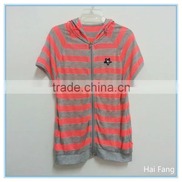 Wholesale Custom Children Girls Striped Pink and Gray Zip up Hoodies, Kids Summer Hoodies & Sweatshirts photo-3