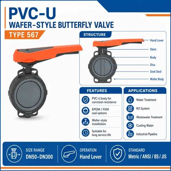 PVC-U Wafer Butterfly Valve Type 567 With Hand Lever For Water Treatment Pipeline photo-2