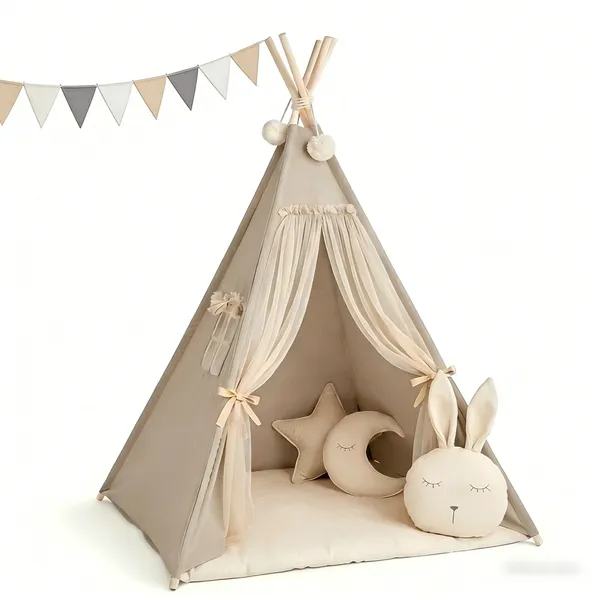 Boho Style Teepee Tent for Kids With Curtains and Mesh Door ,Teepee Tent for Kids, Foldable Play Tent for Girls & Boys, , Cozy Warm Room Decor photo-2