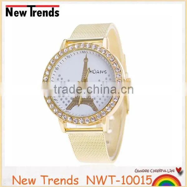 2016 Fashion Gold Mesh Band Rhinestone Tower Watch for Women