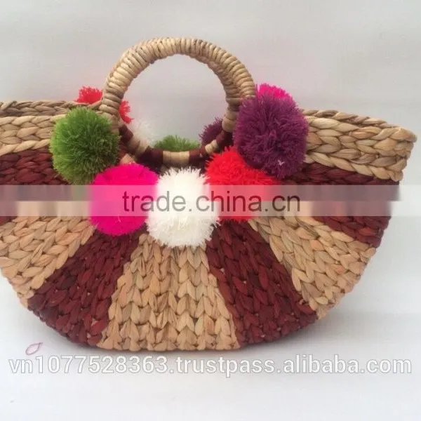 High Quality Best Selling Natural Water Hyancinth Shopping Bag With Pompoms From Vietnam