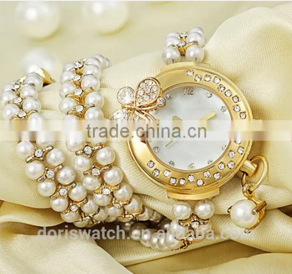 Fashin Alloy Chain Watch 2 Circles Rectangle Pearl Crystal Case Bracelet Luxury Ladies Watches photo-4