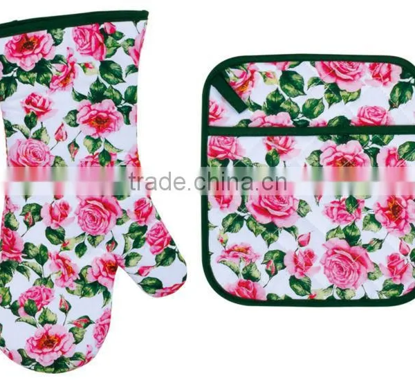 ROSE DESIGN COTTON (OVEN MITT& POT HOLDER) KITCHEN SET