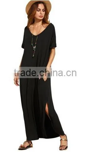 Women's Casual Loose Pocket Short Sleeve Split Long Maxi Dress photo-2