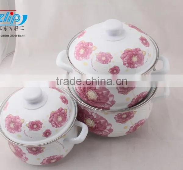 18-22CM 3 Pcs Enamel Casserole With Metal Cover Beautiful Decal photo-3