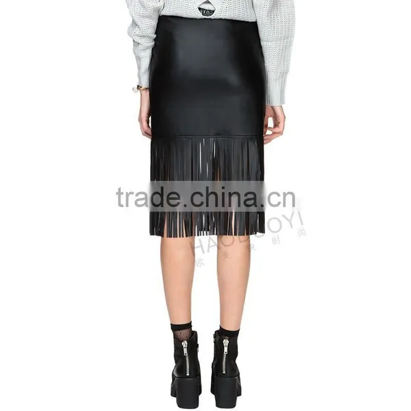 MGOO New Arrival OEM Services Women Black Faux Leather Midi Slinky Skirts With Tassels Bottom 15145A033 photo-4