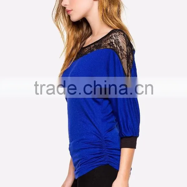 3/4Sleeve Contrast Trims Lacey Yoke Lady Blouses for Women Summer 2015 photo-4