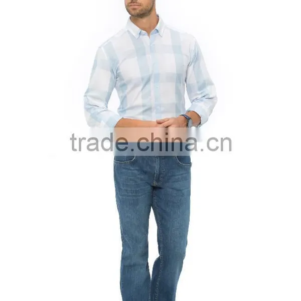 Blue Check Skinny Long Sleeve Buttoned Mens Casual Shirt photo-3
