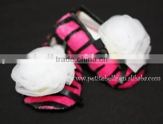 Hot Pink Zebra Print Shoes With Pure White Rosettes Pettishoes Crib Shoes MAS26