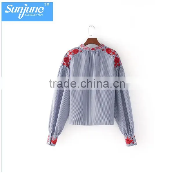 High Quality Womens 100% Cotton Long Sleeve Embroidery Strip Shirt photo-2