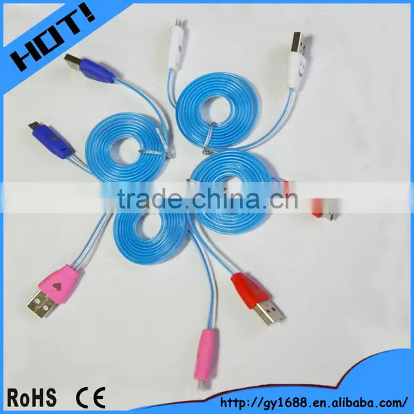 Colorful Flat Micro USB Cable With LED Light for Smartphone 1m