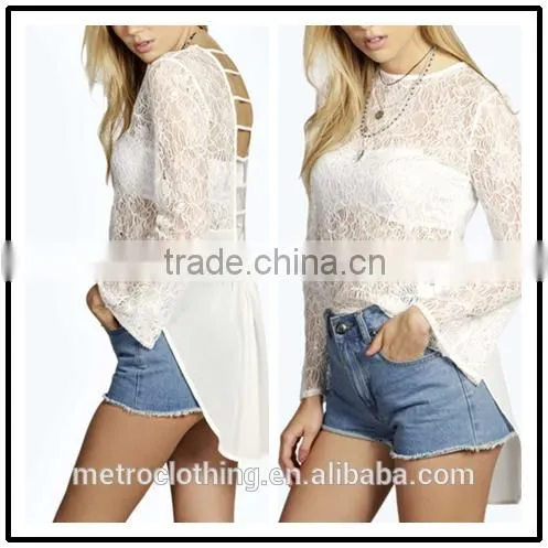 2015 China Manufacturer Customized Latest Design Casual Ladies Lace Caged Back Blouse